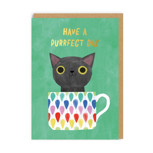 Green Teacup Cat Greeting Card